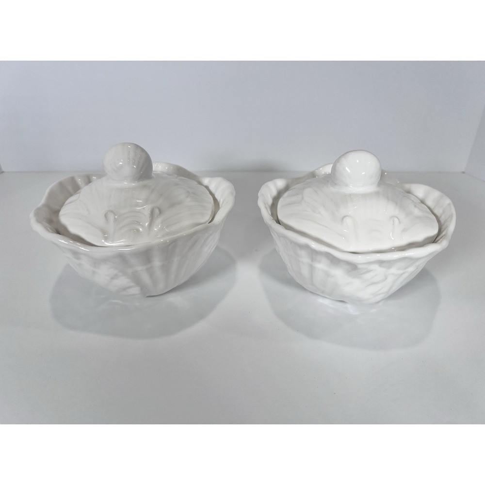VTG OLFAIRE Portugal White Ceramic Shell Lidded Bowls Set Of 2- Coastal Cottage - Picture 2 of 15